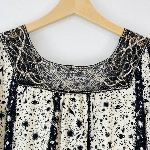 Anna Sui Black and Cream Horoscope Crochet Lace Trim Tie Silk Playsuit UK S - Picture 9 of 9